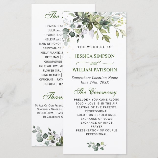 Programa Elegante ceremonia de boda con eucalipto en acuare (Anverso / Reverso)