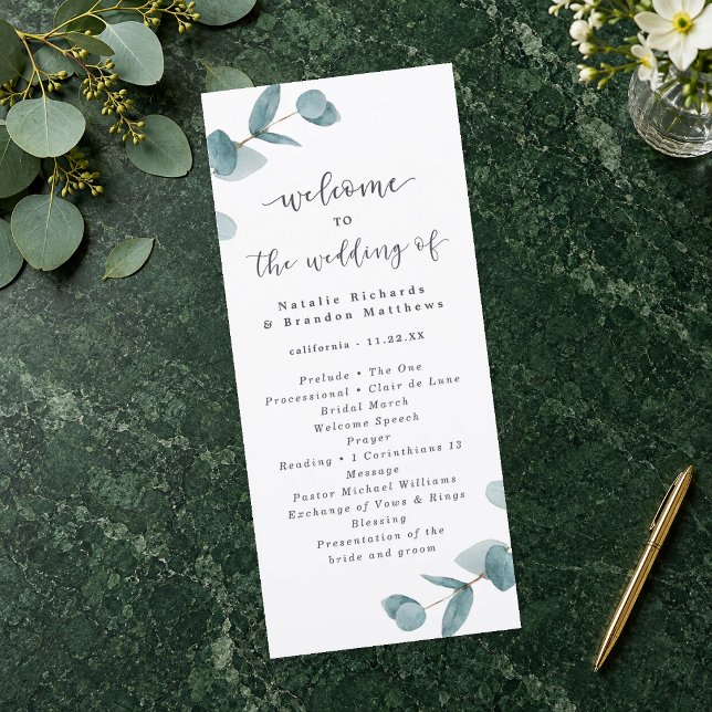 Programa Elegante ceremonia de boda con eucalipto en letra  (Eucalyptus Wedding Ceremony Program. Styling props not included.)