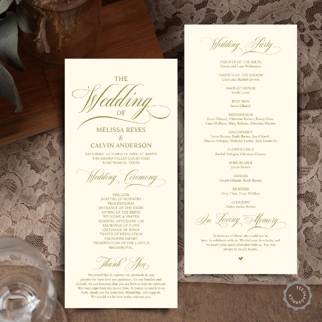 Programa Elegante ceremonia de boda con guión en oro y crem (Elegant Cream and Grey Script Wedding Ceremony Order Program Card in Cream and Gold)
