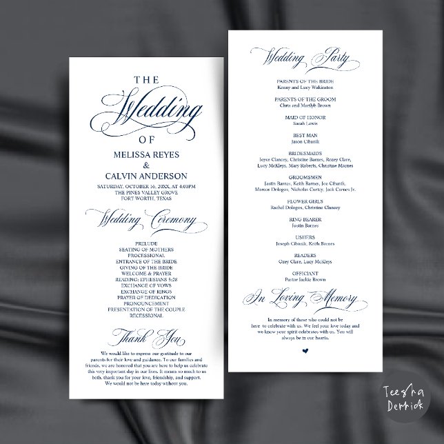 Programa Elegante Ceremonia de Boda con Letra Script Azul M (Elegant Navy Blue Script Wedding Ceremony Order Program Card)