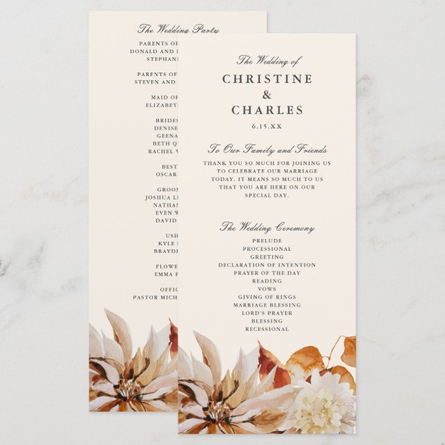 Programa Elegante ceremonia de Boda de acuarela floral otoñ (Anverso / Reverso)