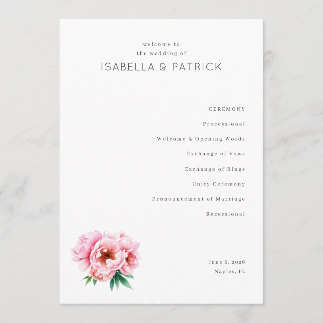 Programa Elegante Ceremonia de Boda de Peonía Blanca (Anverso)