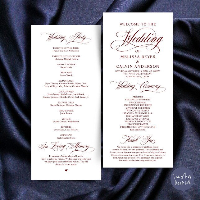 Programa Elegante Ceremonia de Boda de Tinta Roja de Burdeo (Elegant Classic Burgundy Wine Red Script Wedding Ceremony Program Card)
