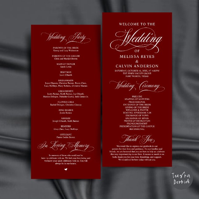 Programa Elegante Ceremonia de Boda de Tinta Roja de Burdeo (Elegant Classic Burgundy Wine Red Script Wedding Ceremony Program Card)