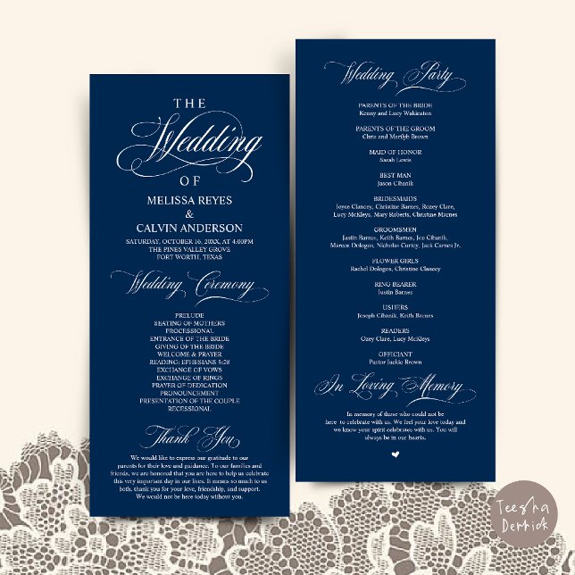 Programa Elegante Ceremonia de Boda en Azul Marino Script (Elegant Navy Blue Script Wedding Ceremony Order Program Card)