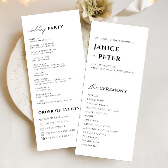 Programa Elegante Ceremonia de Boda en Blanco y Negro (Elegant black and white ceremony program adds timeless style while guiding your wedding guests)