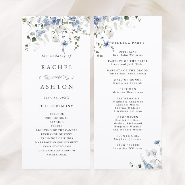 Programa Elegante ceremonia de boda floral azul blanca verd (Front & Back)