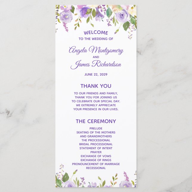 Programa Elegante ceremonia de boda floral con acuarela púr (Anverso)