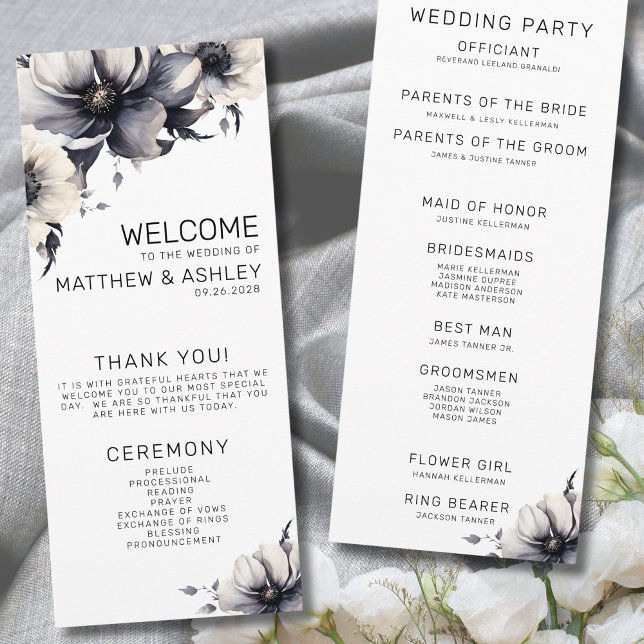 Programa Elegante Ceremonia de Boda Floral Moderna en Blanc (Elegant Modern Floral Black White Wedding Ceremony Program)