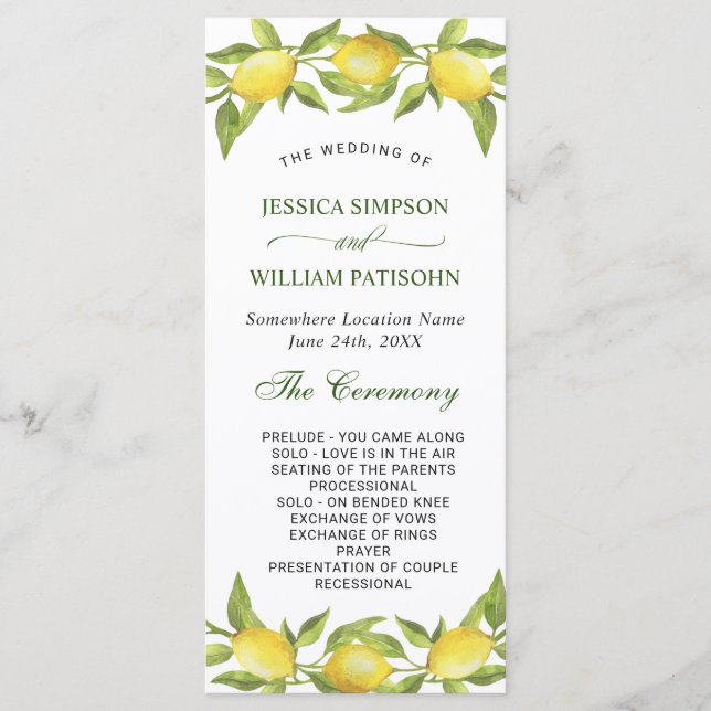 Programa Elegante ceremonia de Boda Lemons Greenery (Anverso)