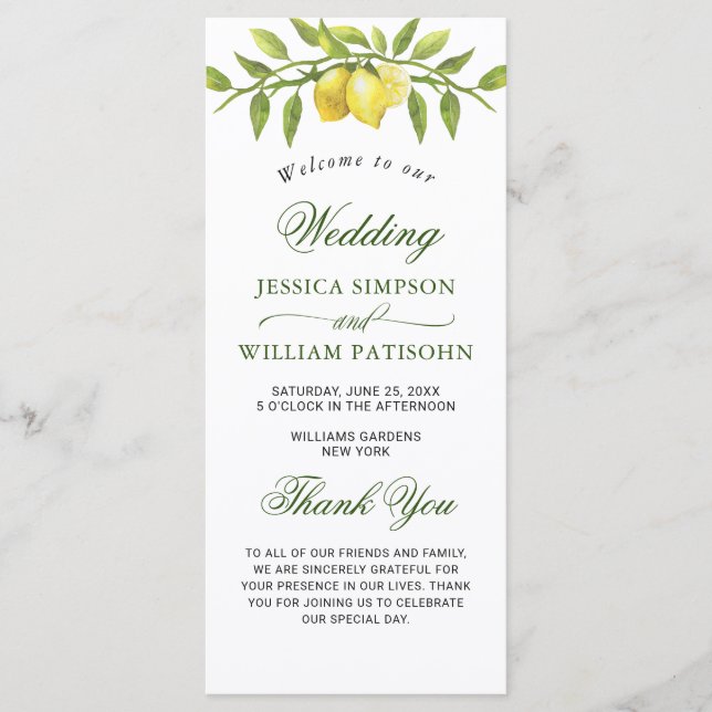 Programa Elegante ceremonia de Boda Lemons Greenery (Anverso)