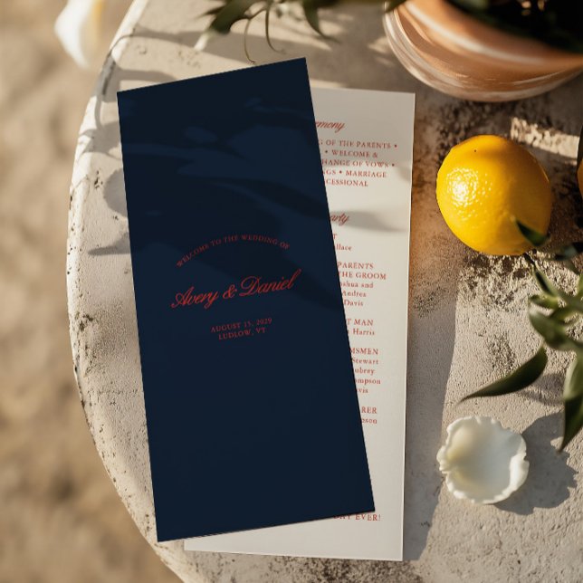 Programa Elegante ceremonia de Boda rojo y azul oscuro (Elegant Red & Dark Black Blue Wedding Ceremony Program)