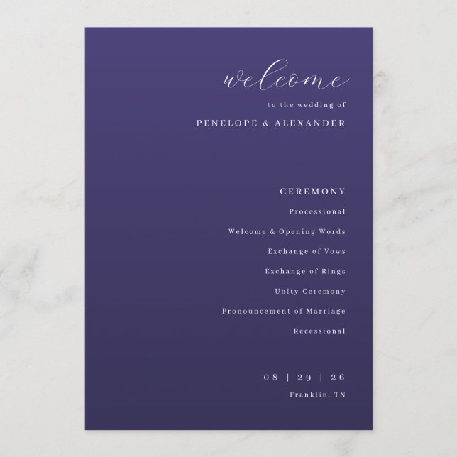 Programa Elegante Ceremonia de Boda Tipográfica Púrpura (Anverso)