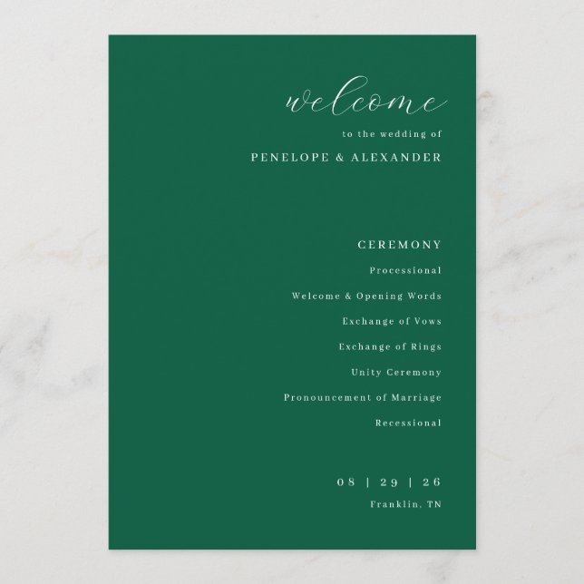 Programa Elegante Ceremonia de Boda Verde (Anverso)