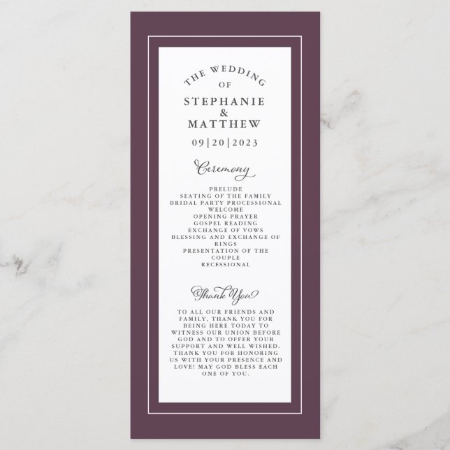 Programa Elegante Ceremonia de Servicio de Boda Lujo Púrpur (Anverso)