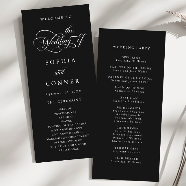 Programa Elegante Charm Script Boda Ceremonia Negro (Front & Back)