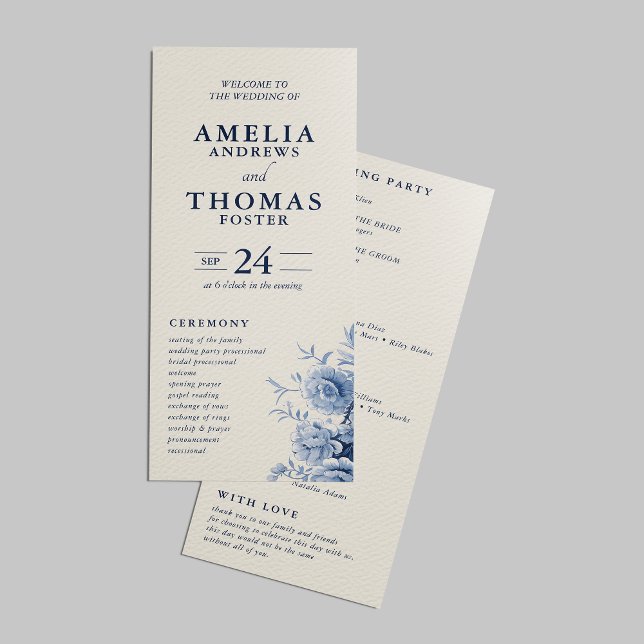 Programa Elegante Clásico Crema y Azul Francés Floral Boda (Subido por el creador)