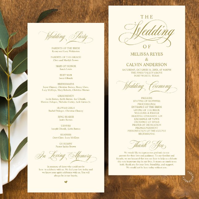 Programa Elegante Clásico Dorado Amarillo Crema Letra de Bo (Elegant Classy Gold Yellow Cream Script Wedding Program Card)