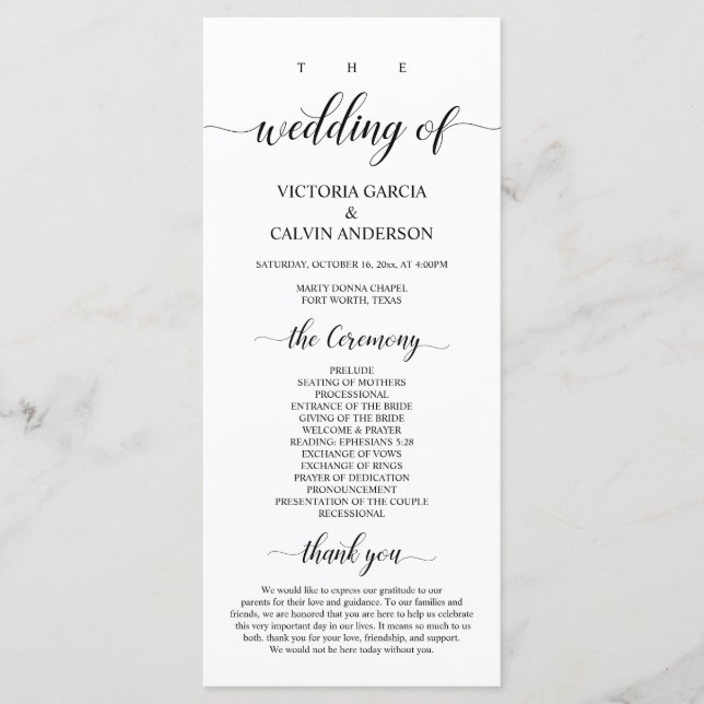 Programa Elegante Classy, escritura negra, ceremonia Boda (Anverso)