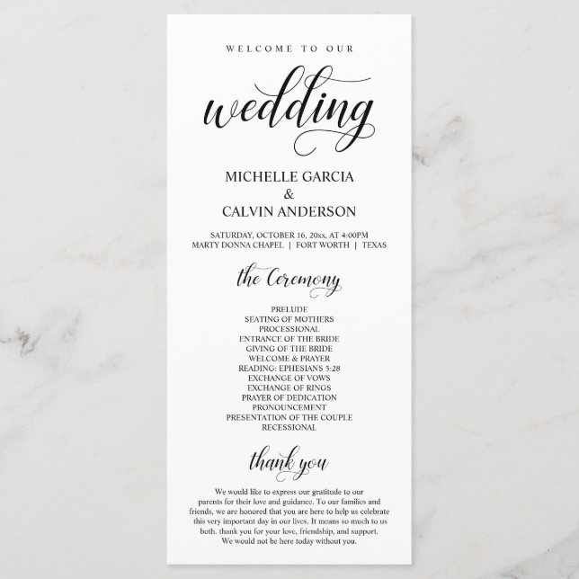 Programa Elegante Classy, escritura negra, ceremonia Boda (Anverso)