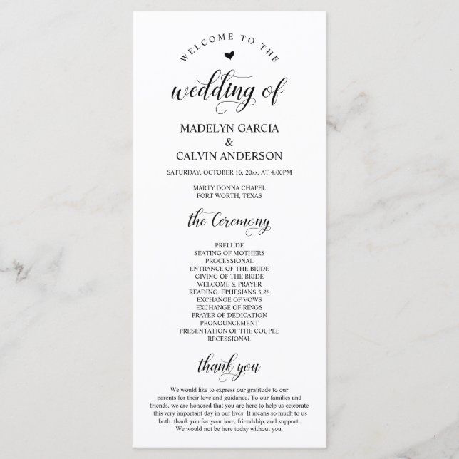 Programa Elegante Classy, escritura negra, ceremonia Boda (Anverso)