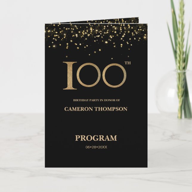 Programa Elegante confeti de oro negro personalizado cumple (Anverso)