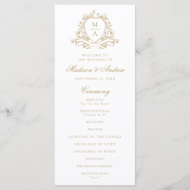 Programa Elegante Cresta Floral de Oro Monograma Boda (Anverso)