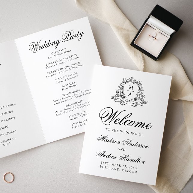 Programa Elegante Cresta Floral Monograma Negro Boda (Subido por el creador)