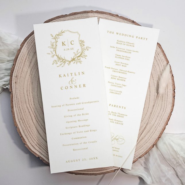 Programa Elegante Cresta Vintage Dorada Boda Clásica (Elegant wedding programs with vintage crest / wedding logo and wedding party info on back - in gold)