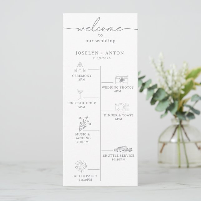 Programa Elegante Cronología de Boda en Gris Chic Caligrafí (Anverso de pie)
