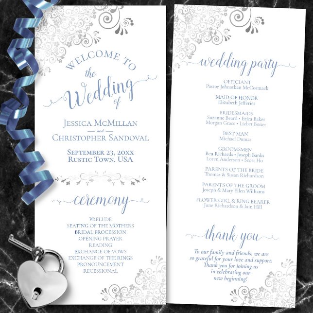 Programa Elegante curry plateado azul turbio sobre Boda bla (Front/Back)