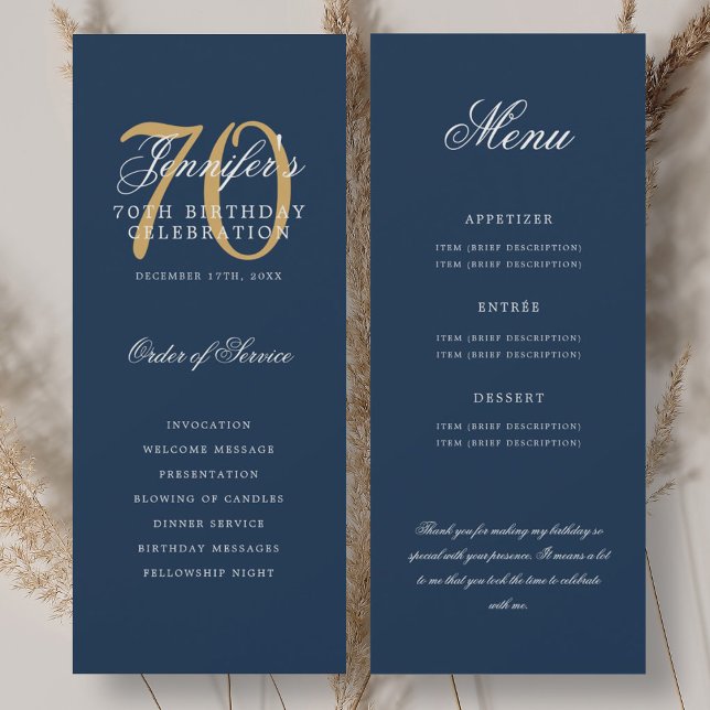 Programa elegante de 70 años en oro y azul marino  (Elegant 70th Program Gold Navy Blue Menu+Thank You)