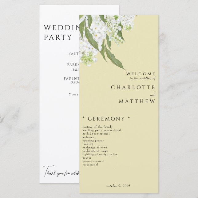Programa Elegante de Boda Amarilla Floral Blanca (Anverso / Reverso)