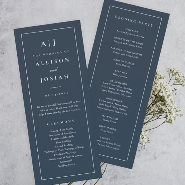 Programa Elegante de Boda Azul de la Marina de Mon (Elegant and Classic Monogram Navy Blue Wedding Program.)