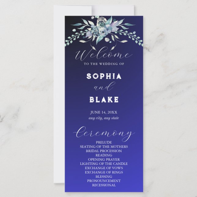 Programa Elegante de Boda Azul Floral Azul y Verde (Anverso)