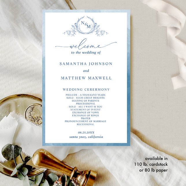 Programa Elegante de Boda Azul Monograma (Subido por el creador)