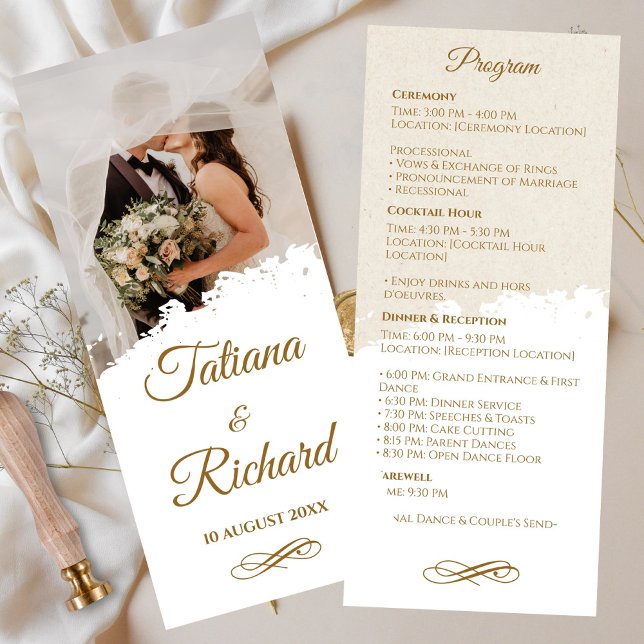 Programa Elegante de Boda con Fotos y Guiones de O (elegant-photo-gold-script-wedding-program )