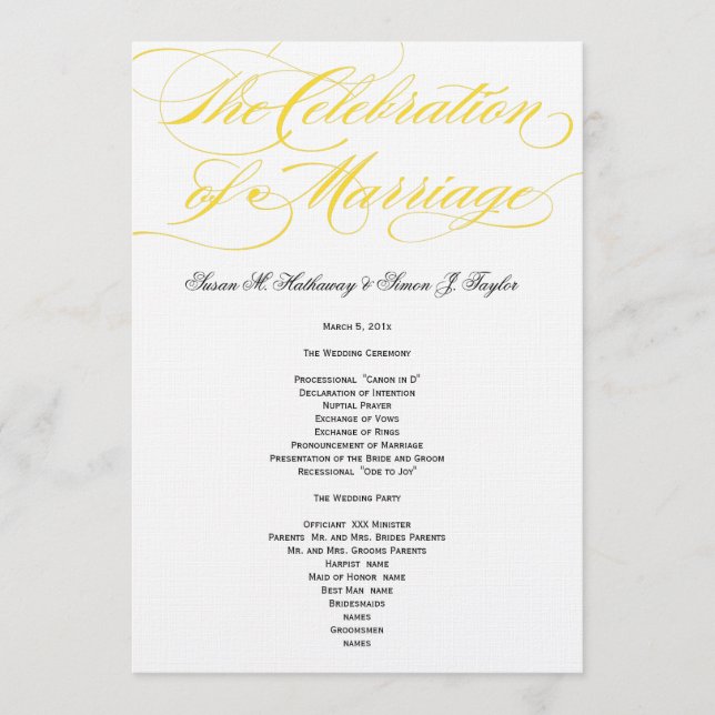 Programa Elegante de Boda con Guión - Amarillo (Anverso)