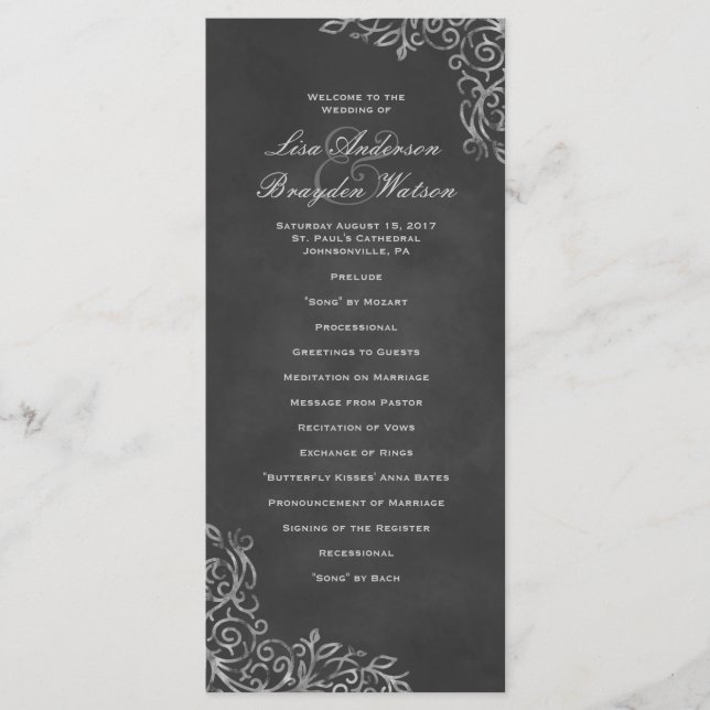 Programa Elegante de Boda de Chalkboard Filigree (Anverso)