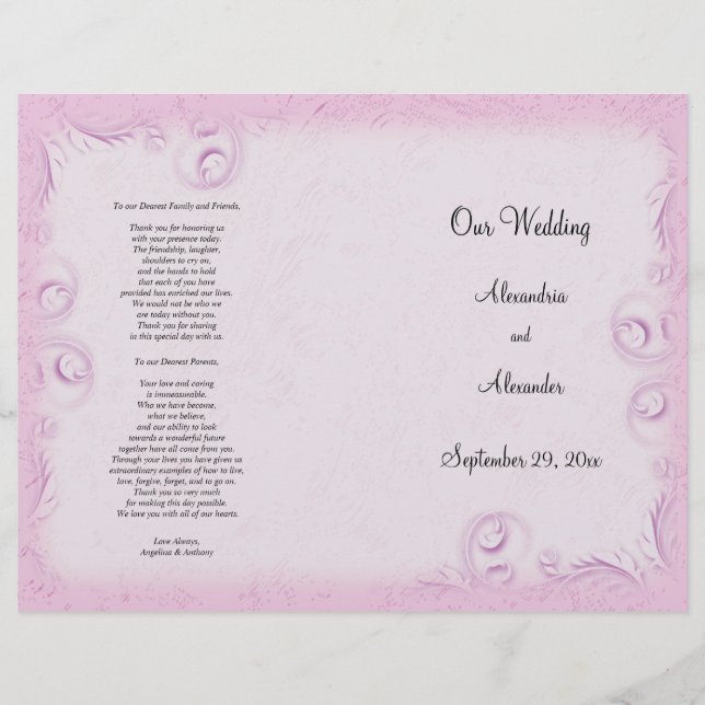 Programa Elegante de Boda de Desplazamiento Rosado (Anverso)
