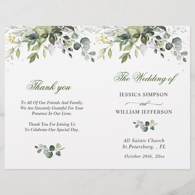 Programa Elegante de Boda de Eucalyptus Acuarela (Anverso)