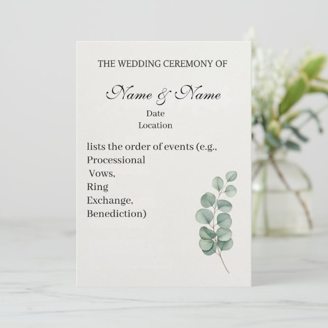 Programa Elegante de Boda de Eucalyptus Acuarela (Anverso de pie)