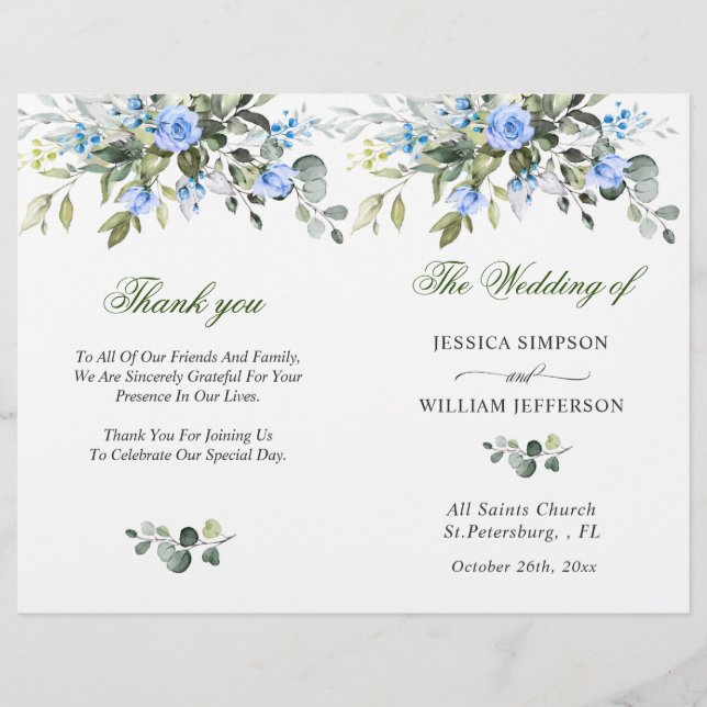 Programa Elegante de Boda de Eucalyptus Acuarela (Anverso)