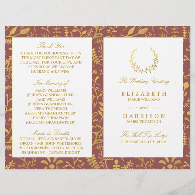 Programa Elegante de Boda de Flor de Oro (Anverso)