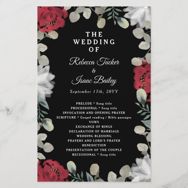Programa Elegante de Boda de Flora Blanca Rojo (Anverso)