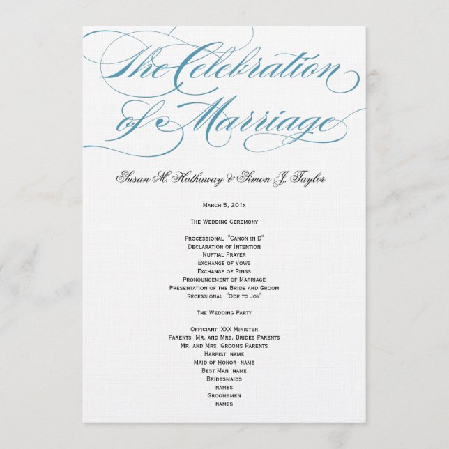 Programa Elegante de Boda de Guión - Azul (Anverso)