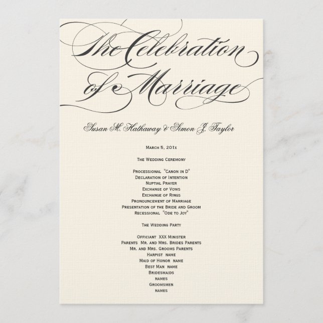 Programa Elegante de Boda de Guión - Blanco Negro (Anverso)