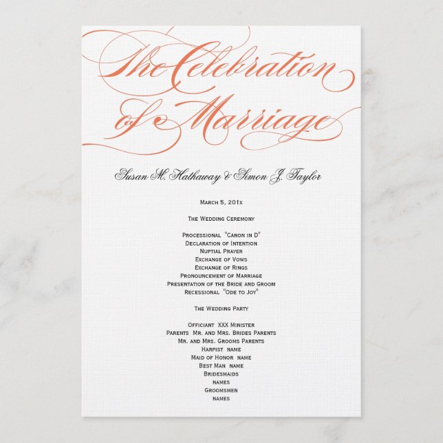 Programa Elegante de Boda de Guión - Naranja (Anverso)