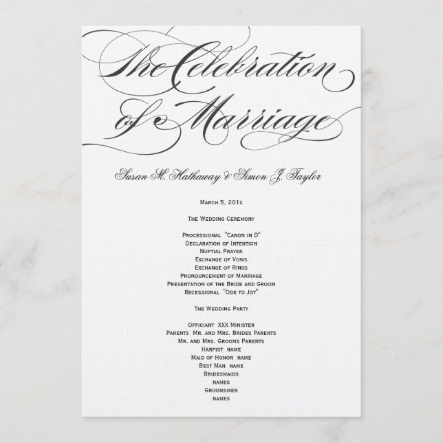 Programa Elegante de Boda de Guión - Negro (Anverso)