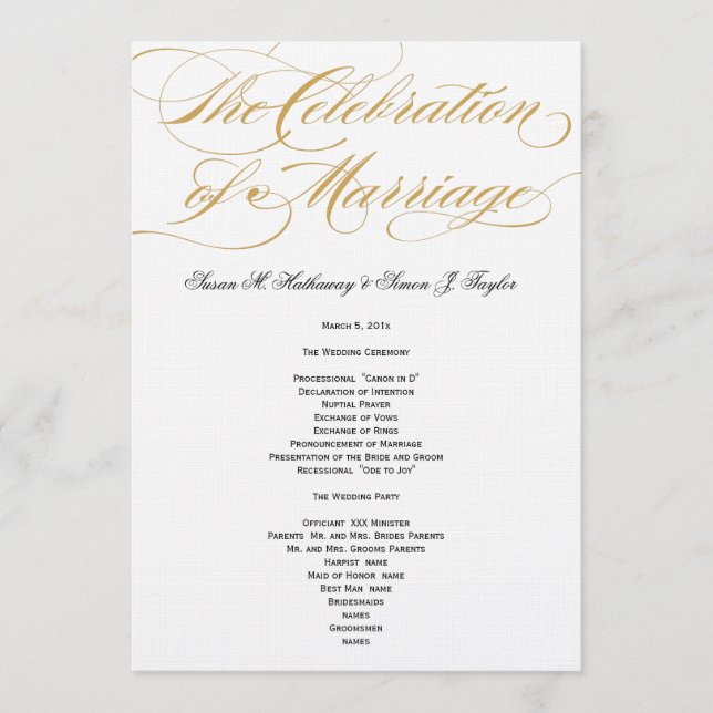 Programa Elegante de Boda de Guión - Oro (Anverso)